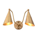 Two light cone vanity wall sconce with curved arms, round backplate, and balanced symmetrical design for bathroom and hallway lighting