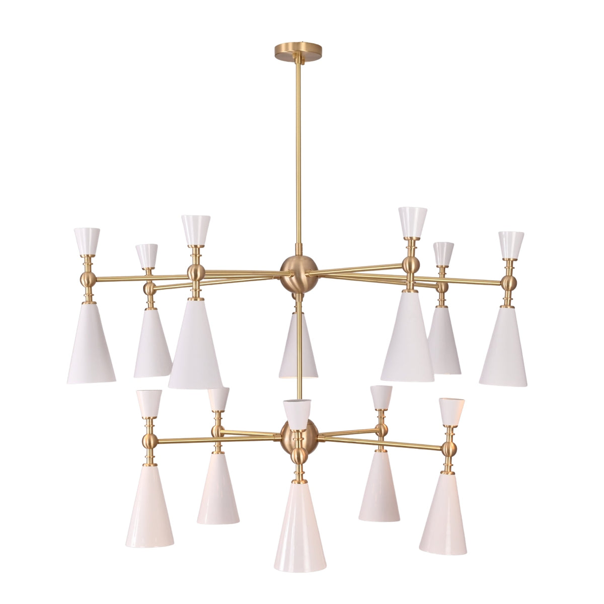 Two-tier chandelier dimension view showing 43 inch width and 49 inch height for product size reference