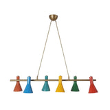 Full front view of Sutton six-light linear chandelier with colorful cone shades evenly spaced along a handcrafted brass frame.