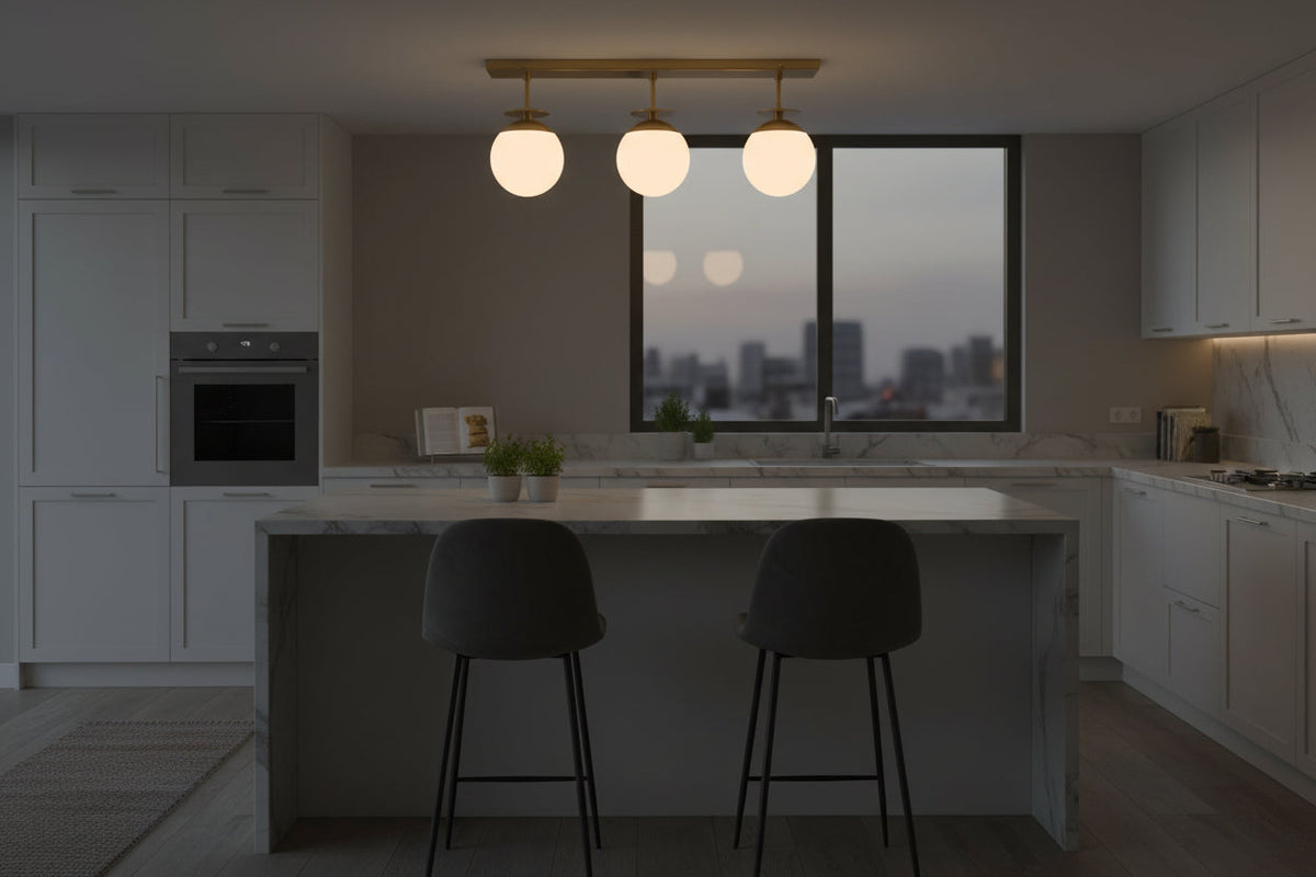 Valencia 3-light glass globe ceiling light with brushed brass linear bar and warm glowing white globe shades