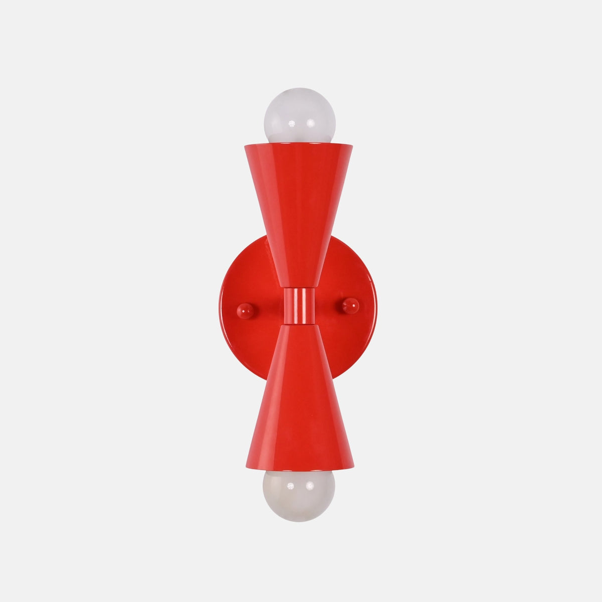 Vera Red cone sconce featuring round backplate, clean mounting arm, and modern sculptural form