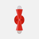 Vera Red cone sconce featuring round backplate, clean mounting arm, and modern sculptural form