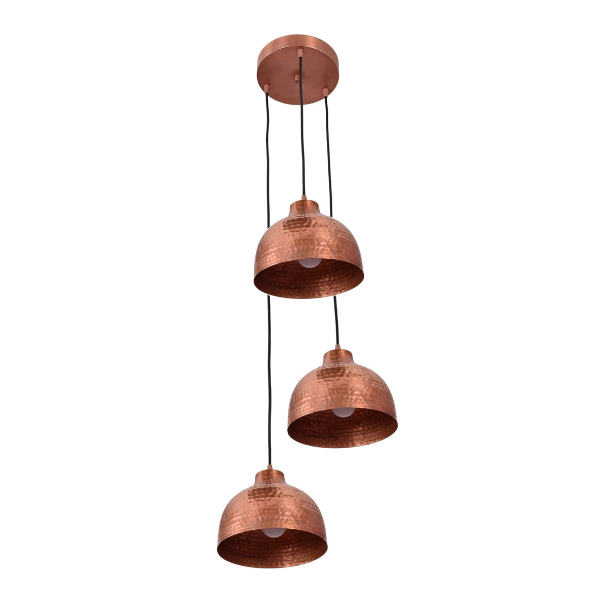 Angled view of Verona hammered copper 3-light cluster pendant with staggered dome shades – Model 33221