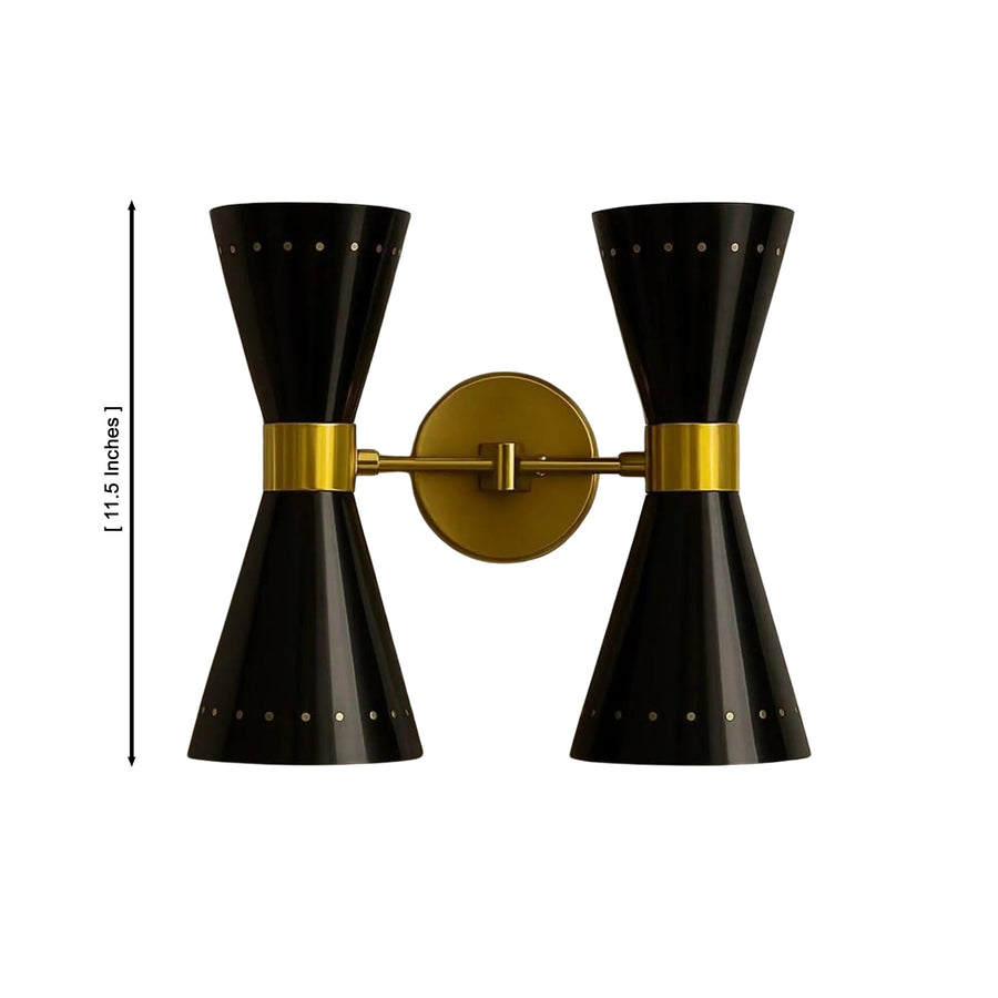Verona perforated double cone 4 light wall sconce installed above a bathroom vanity with warm up and down lighting – Model 32793