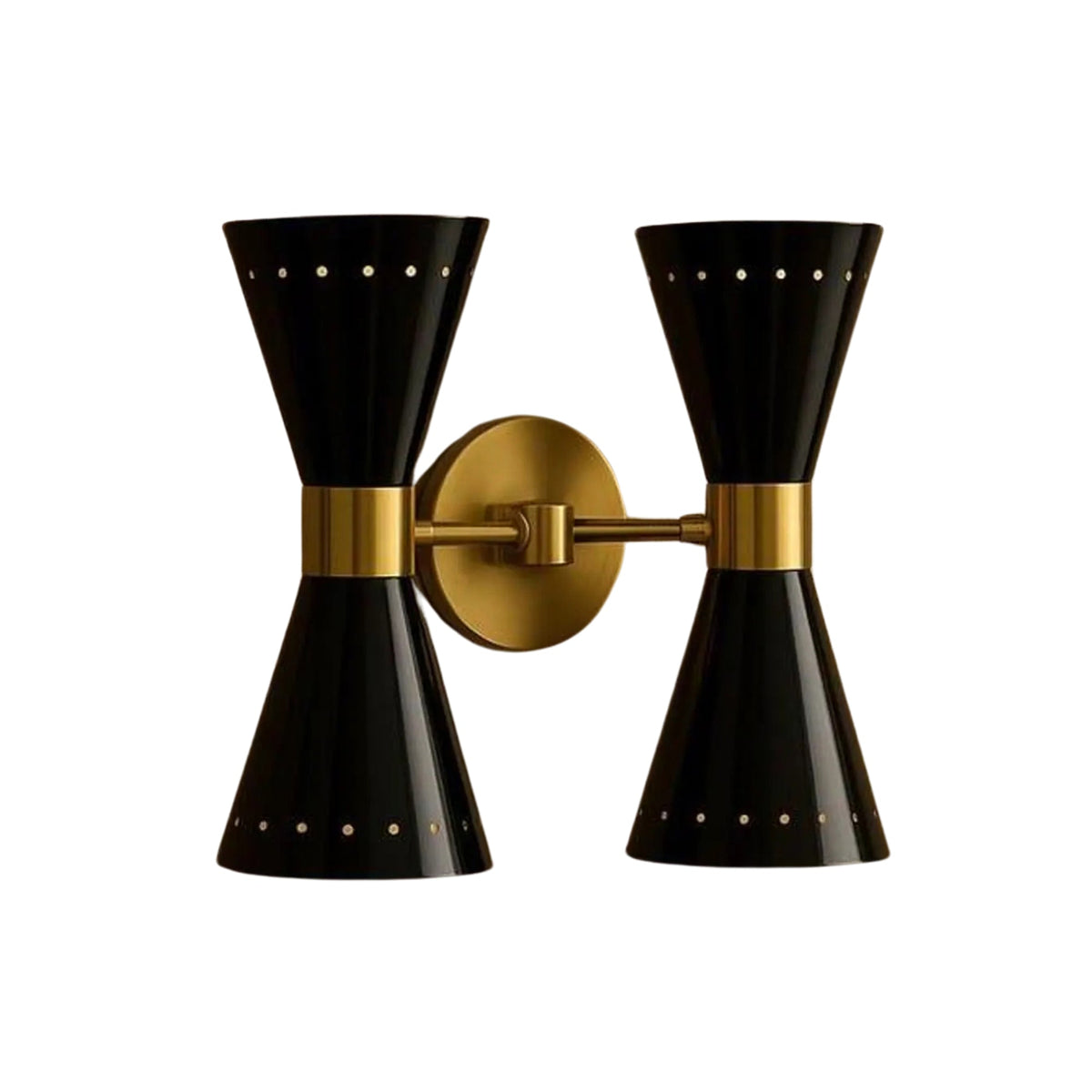Verona 4 light wall sconce with symmetrical perforated black cone shades and brass mounting hardware, angled view – Model 32793