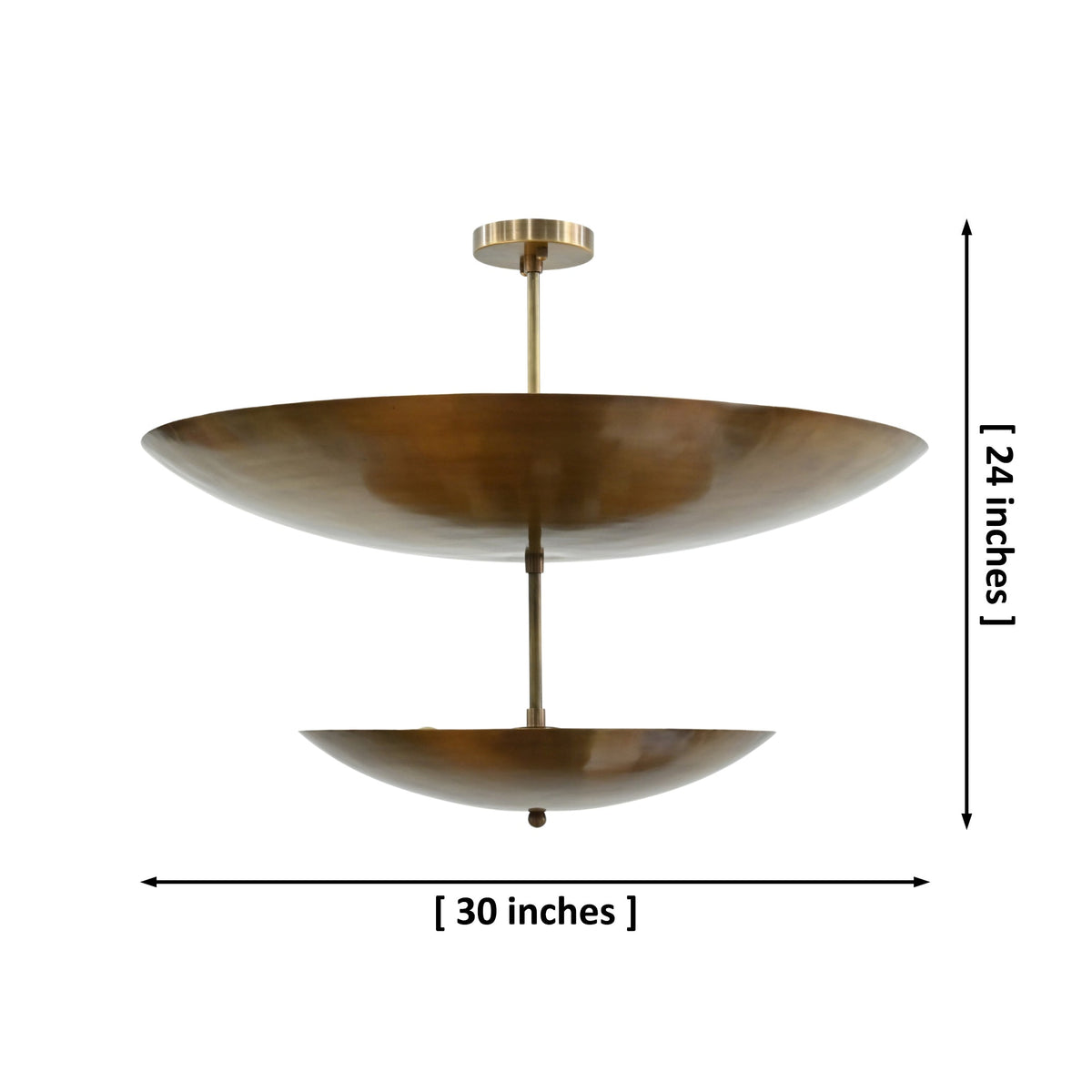 Versailles 2-tier brass disc chandelier shown illuminated with warm reflected glow and layered solid brass design
