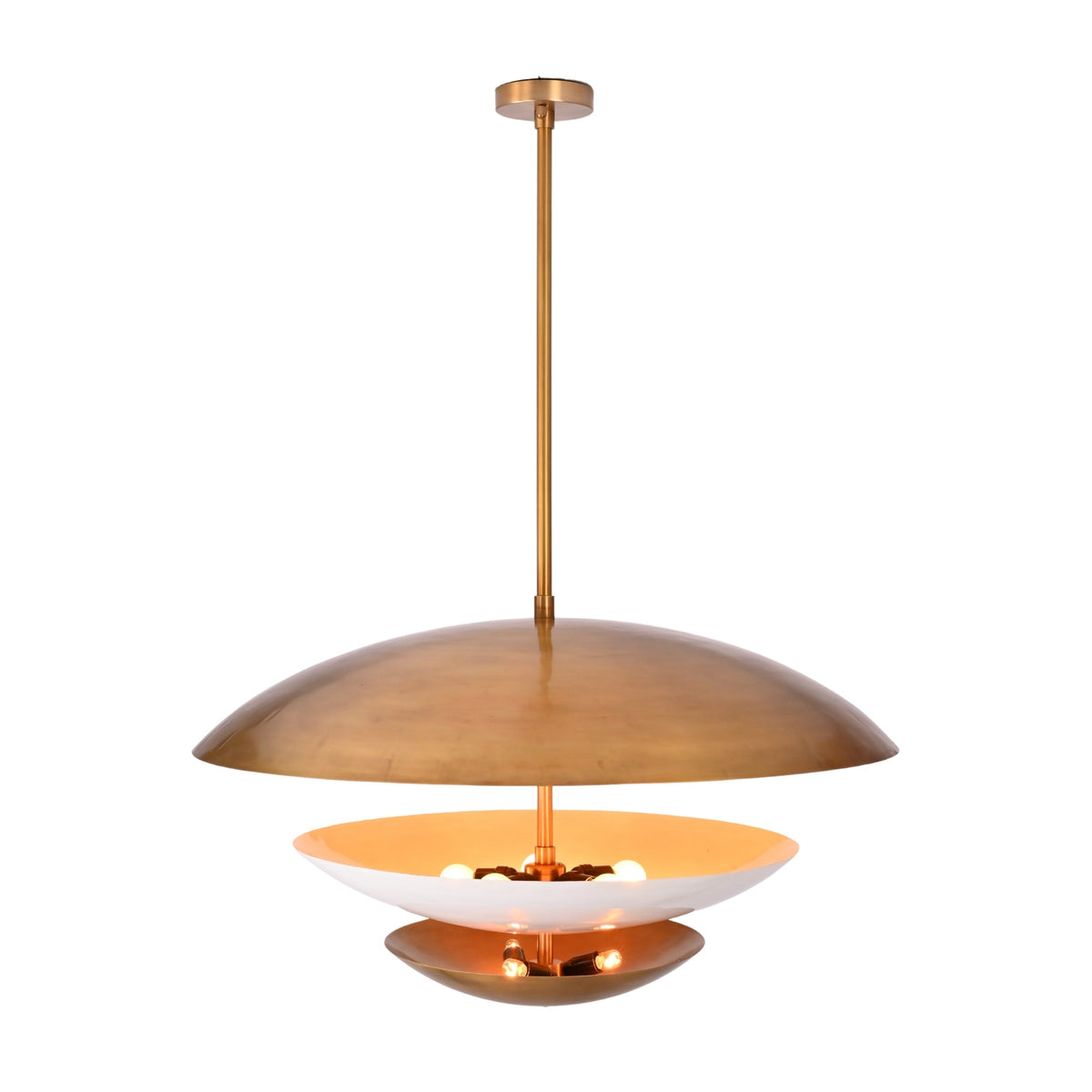 Disc pendant light glowing warmly with layered bowl shades for bedroom, dining room, and living room lighting