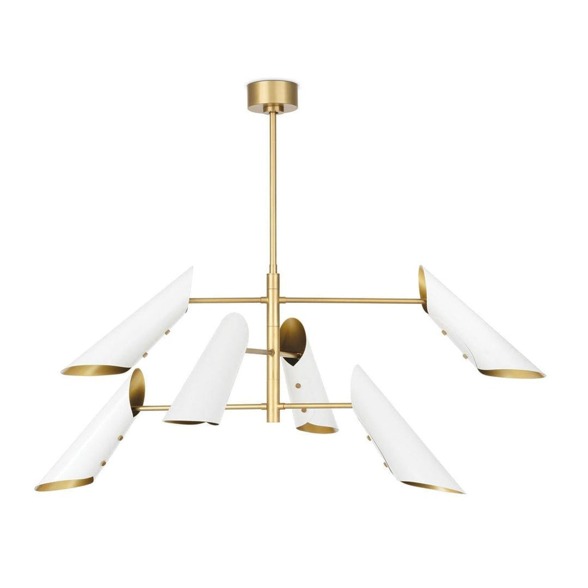 Modern white and brass 6 light cone chandelier with adjustable arms and sculptural design