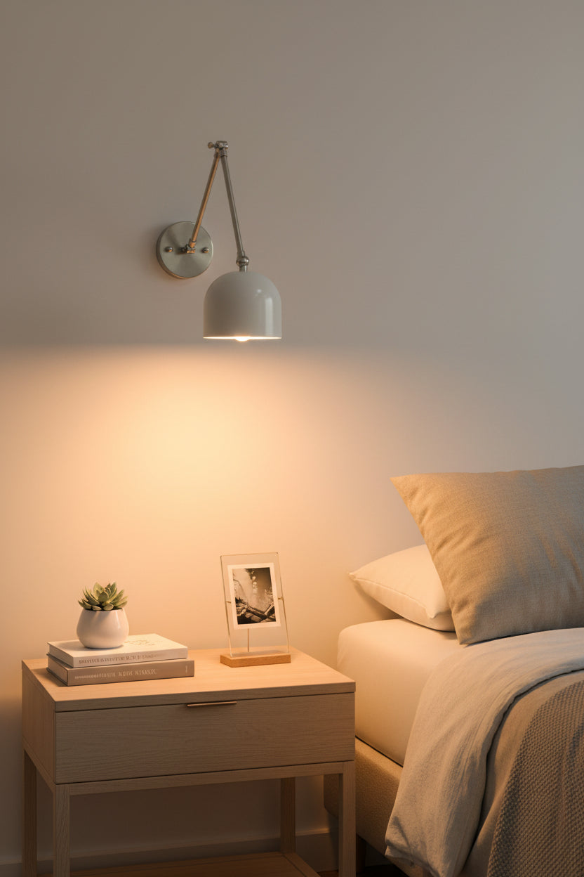 Full brass articulating wall sconce closeup showing jointed arm, round backplate, white dome shade, and warm downward light