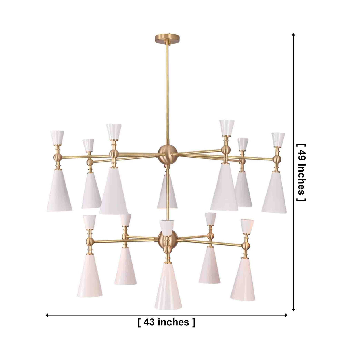 White enamel cone chandelier with brushed brass arms creating warm ceiling lighting for a refined living room space
