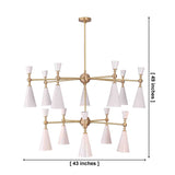 White enamel cone chandelier with brushed brass arms creating warm ceiling lighting for a refined living room space