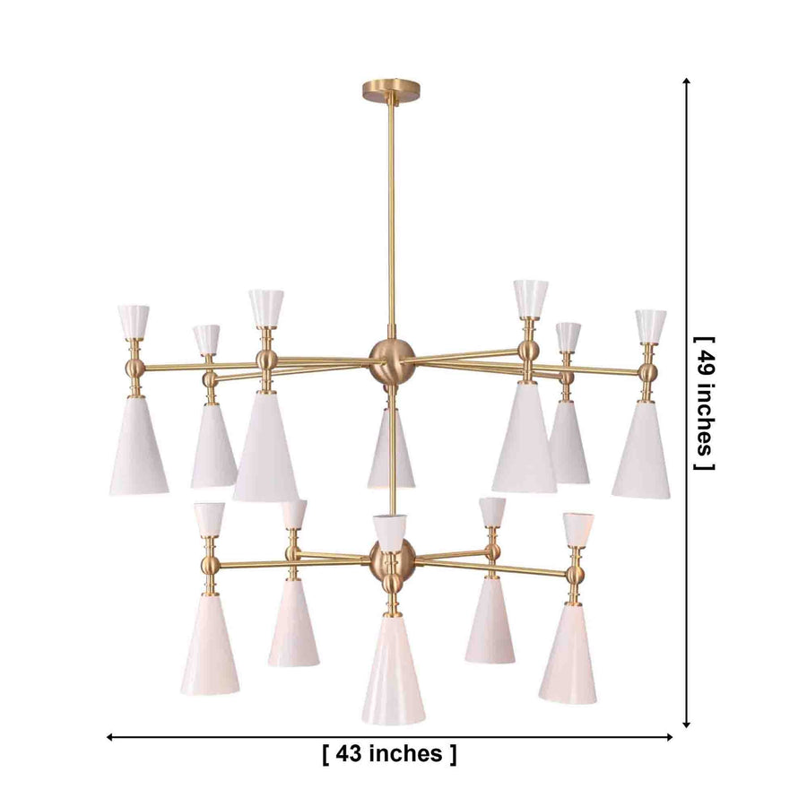 Brass Leaf Studio two-tier chandelier with twelve cone shades arranged in a balanced modern ceiling light design