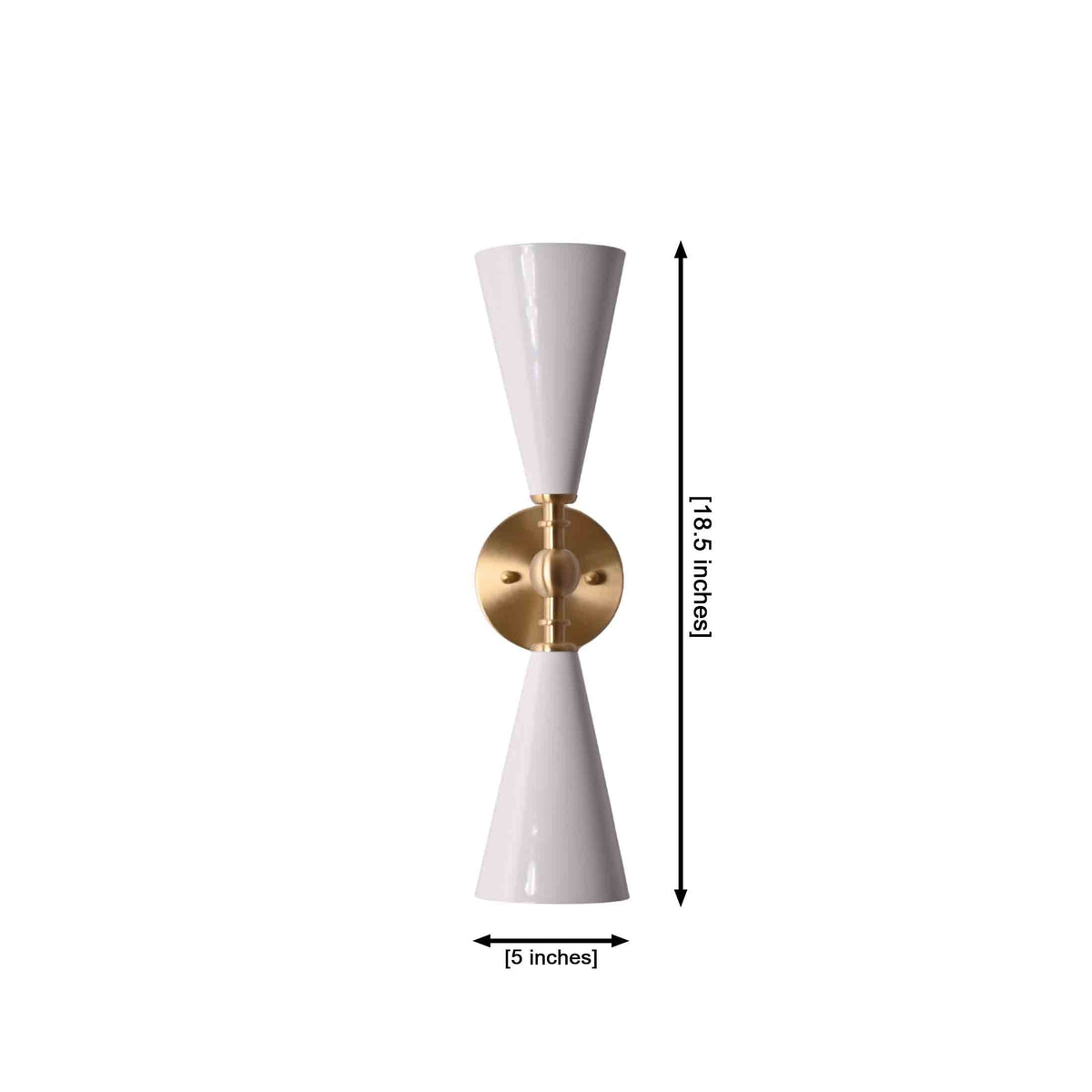 Double cone wall sconce dimension view showing 18.5 inch height and 5 inch shade width